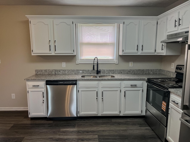 601 Heaton Ford Rd, Science Hill, KY 42553 - kitchen with electric range, white cabinetry, under cabinet range hood, a sink, and dishwasher