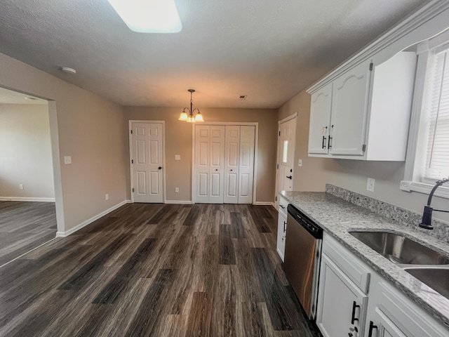 601 Heaton Ford Rd, Science Hill, KY 42553 - kitchen featuring stainless steel dishwasher, a sink, a notable chandelier, white cabinetry, and dark wood-type flooring
