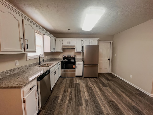 601 Heaton Ford Rd, Science Hill, KY 42553 - kitchen featuring a sink, dark wood-style floors, under cabinet range hood, stainless steel appliances, and white cabinetry