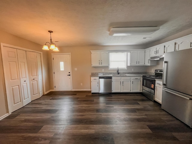 601 Heaton Ford Rd, Science Hill, KY 42553 - kitchen with a sink, stainless steel appliances, white cabinetry, under cabinet range hood, and dark wood-style floors