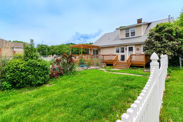 rear view of property featuring a pergola, a deck, metal roof, and a chimney