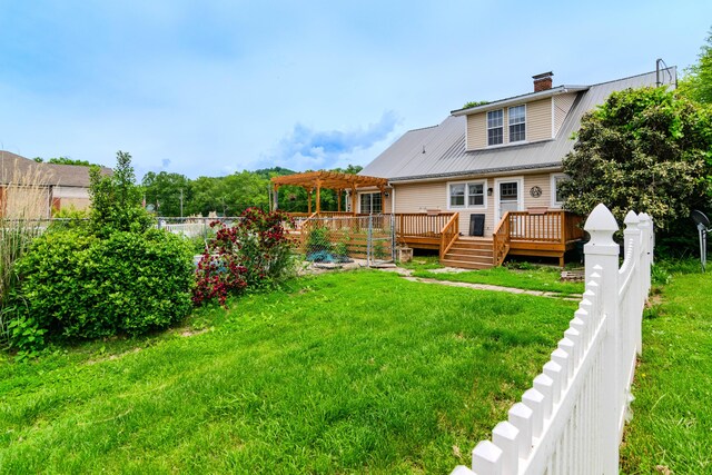 245 Cedar Grove Rd, Irvine, KY 40336 - back of property featuring a pergola, a deck, metal roof, and a chimney