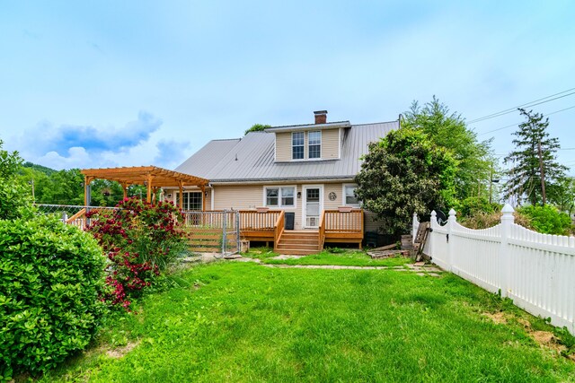 245 Cedar Grove Rd, Irvine, KY 40336 - rear view of house featuring a pergola, a wooden deck, a chimney, and metal roof
