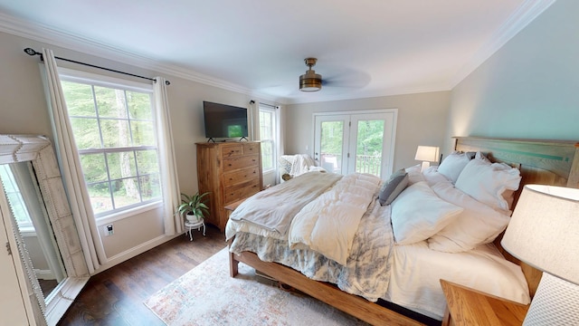 bedroom with ornamental molding, access to outside, and multiple windows
