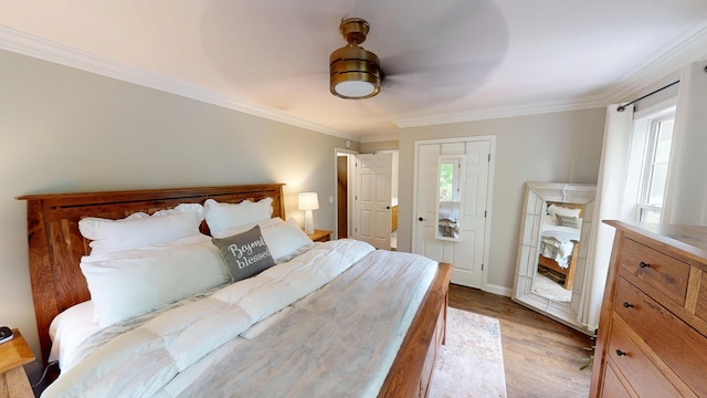 bedroom featuring ornamental molding, multiple windows, and light wood-style flooring