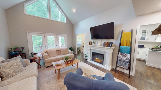 living room featuring a glass covered fireplace, high vaulted ceiling, and dark wood finished floors