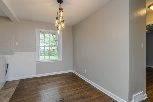 unfurnished dining area featuring visible vents, wainscoting, and dark wood-type flooring