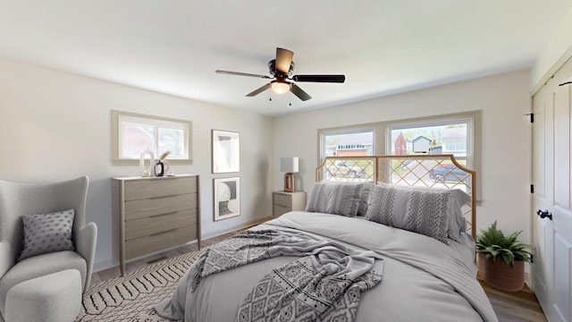 bedroom with a closet, multiple windows, a ceiling fan, and wood finished floors