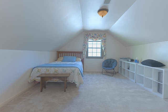 bedroom featuring vaulted ceiling, carpet floors, and baseboards