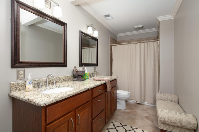 full bathroom with visible vents, crown molding, vanity, toilet, and a shower with shower curtain