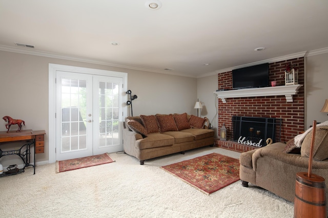 living area with a fireplace, french doors, carpet, visible vents, and ornamental molding