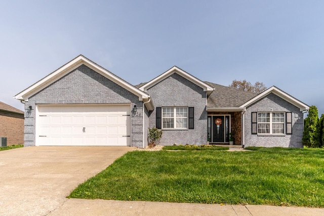 ranch-style house with a front yard, central air condition unit, a garage, brick siding, and concrete driveway
