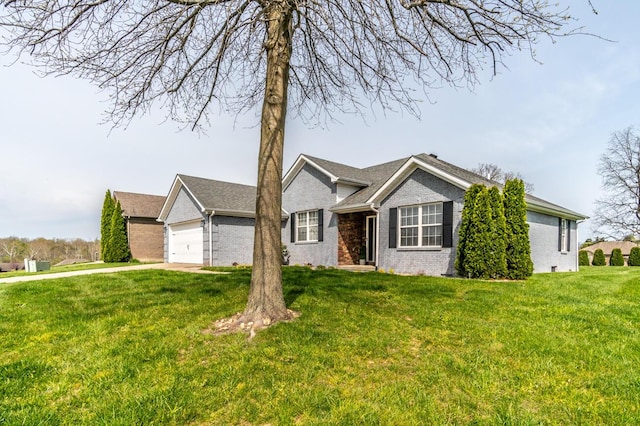 ranch-style home with a front lawn, driveway, an attached garage, and brick siding