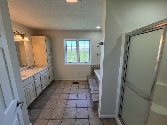 bathroom featuring double vanity, a shower with door, baseboards, a textured ceiling, and a sink