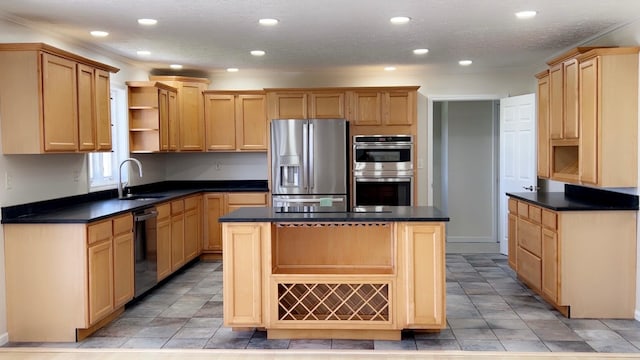 kitchen with recessed lighting, a sink, open shelves, and appliances with stainless steel finishes