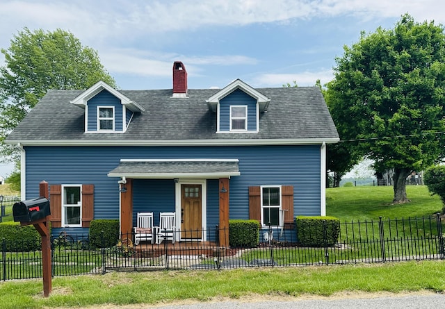 new england style home featuring a shingled roof, fence, a front yard, and a chimney