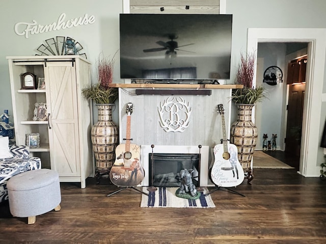 living area featuring a ceiling fan, wood finished floors, and a barn door