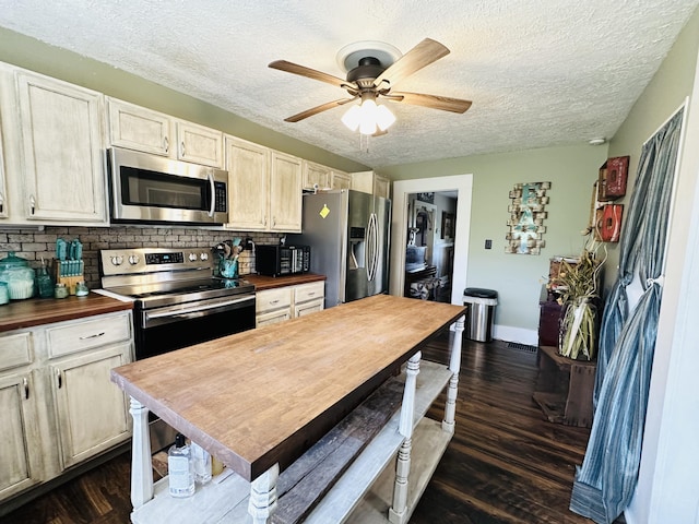 kitchen featuring ceiling fan, a textured ceiling, appliances with stainless steel finishes, and butcher block counters