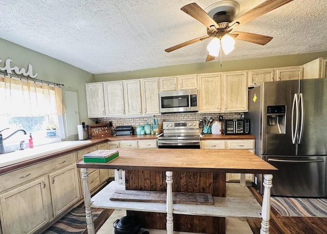 kitchen featuring a ceiling fan, light wood finished floors, a textured ceiling, and stainless steel appliances