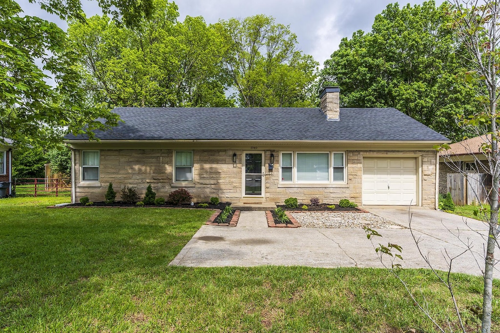 1949 Clays Ml, Lexington, KY 40503 - single story home with stone siding, a chimney, an attached garage, driveway, and a shingled roof