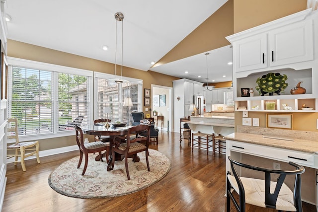 204 Helmsley Ln, Versailles, KY 40383 - dining room featuring dark wood-style floors, vaulted ceiling, baseboards, and recessed lighting