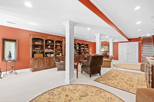 204 Helmsley Ln, Versailles, KY 40383 - living room with decorative columns, crown molding, recessed lighting, light colored carpet, and baseboards