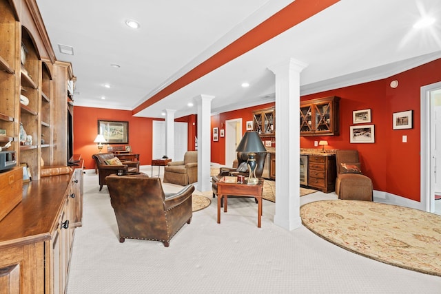 204 Helmsley Ln, Versailles, KY 40383 - living area with ornate columns, light carpet, ornamental molding, recessed lighting, and bar area