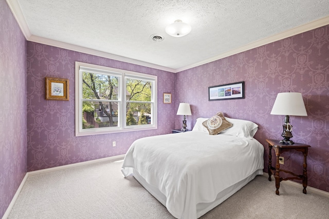carpeted bedroom featuring crown molding, baseboards, a textured ceiling, and visible vents