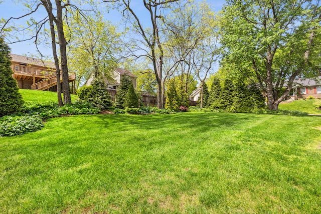 view of yard featuring a wooden deck and stairs