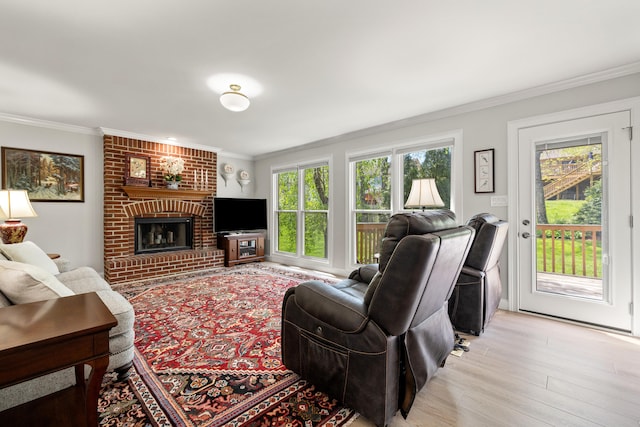 living room featuring crown molding, light wood-style flooring, and a fireplace