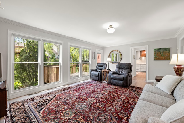 living room featuring baseboards, ornamental molding, and wood finished floors