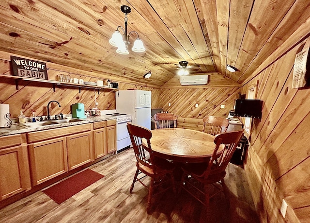 411 Alum Cave Rd, Annville, KY 40402 - dining area featuring lofted ceiling, wood ceiling, light wood-style flooring, wood walls, and an AC wall unit