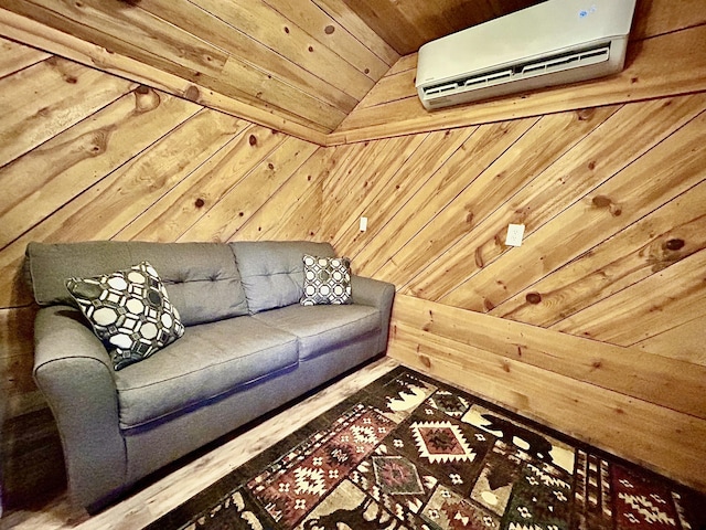 411 Alum Cave Rd, Annville, KY 40402 - living area featuring a wall mounted air conditioner, wooden ceiling, wood walls, and lofted ceiling