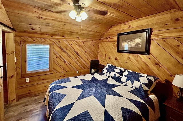 411 Alum Cave Rd, Annville, KY 40402 - bedroom featuring lofted ceiling, wood ceiling, wood walls, ceiling fan, and wood finished floors