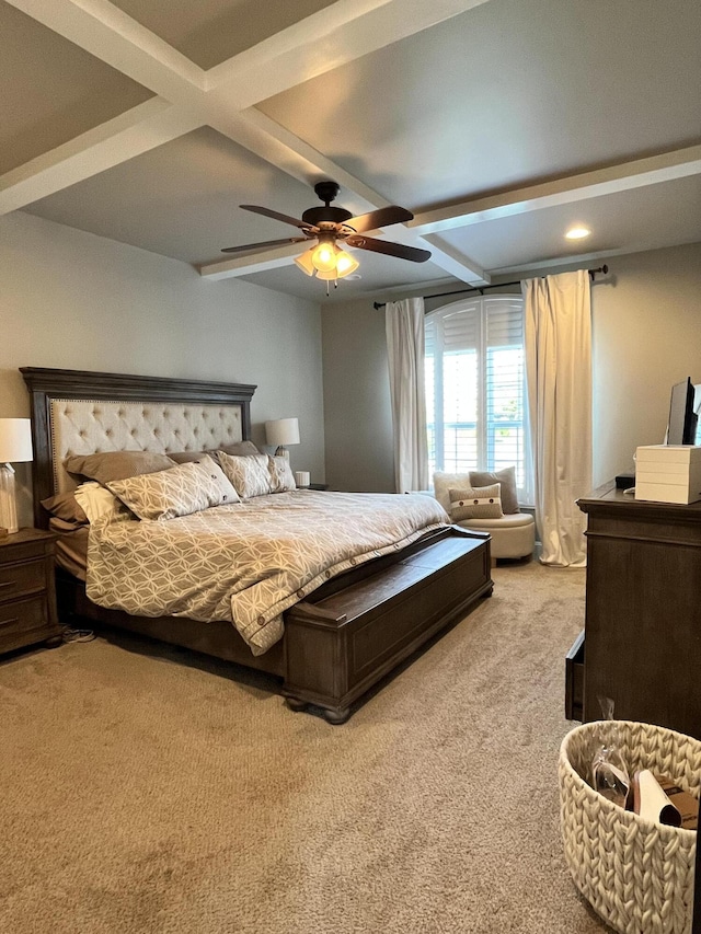 1500 Chardonnay Way, Berea, KY 40403 - bedroom featuring carpet flooring, beam ceiling, coffered ceiling, ceiling fan, and recessed lighting