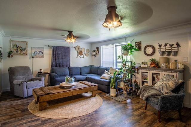living area featuring ornamental molding, a ceiling fan, and dark wood-style floors
