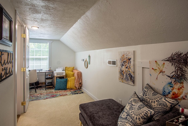 bonus room featuring visible vents, lofted ceiling, light carpet, baseboards, and a textured ceiling