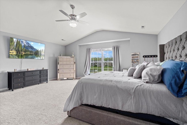 bedroom featuring carpet flooring, ceiling fan, baseboards, lofted ceiling, and visible vents