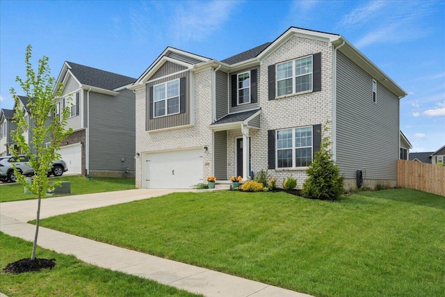 view of front of home with a front yard, brick siding, fence, concrete driveway, and an attached garage