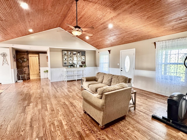 living room featuring visible vents, wood finished floors, wood ceiling, a wainscoted wall, and a ceiling fan