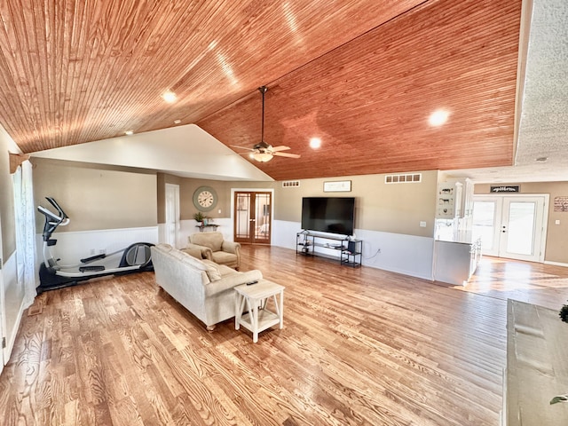 living area featuring ceiling fan, a wainscoted wall, wood finished floors, lofted ceiling, and wood ceiling