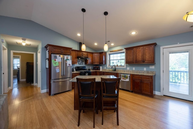 kitchen featuring light wood-type flooring, a sink, vaulted ceiling, hanging light fixtures, and stainless steel appliances