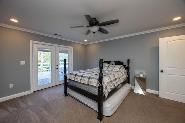 bedroom featuring visible vents, baseboards, access to outside, french doors, and carpet flooring