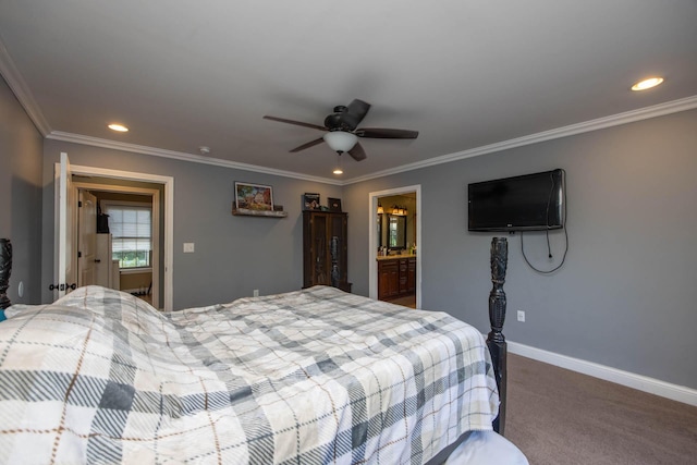bedroom with carpet flooring, recessed lighting, baseboards, a ceiling fan, and ornamental molding