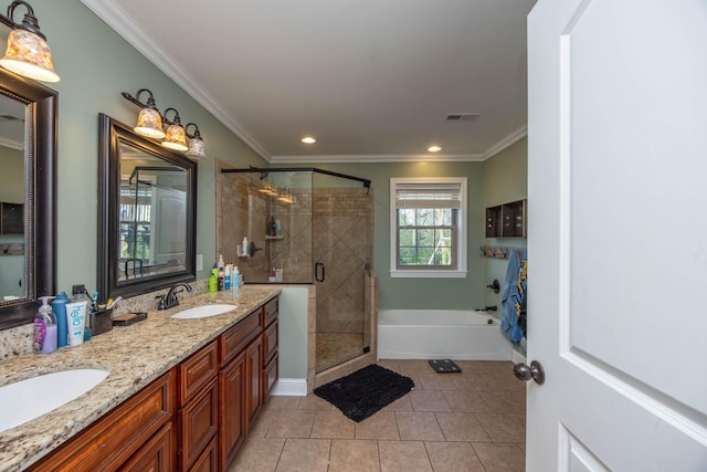 full bath featuring a sink, tile patterned flooring, a stall shower, and visible vents