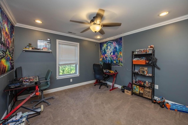 home office featuring crown molding, a ceiling fan, baseboards, and carpet