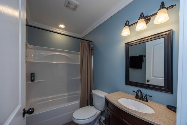 bathroom featuring crown molding, shower / bath combo, vanity, toilet, and visible vents