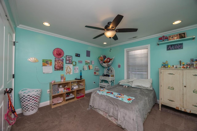 carpeted bedroom featuring ornamental molding and recessed lighting