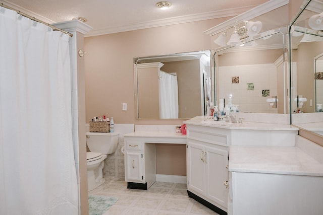 bathroom with vanity, ornamental molding, toilet, tile walls, and a shower with curtain
