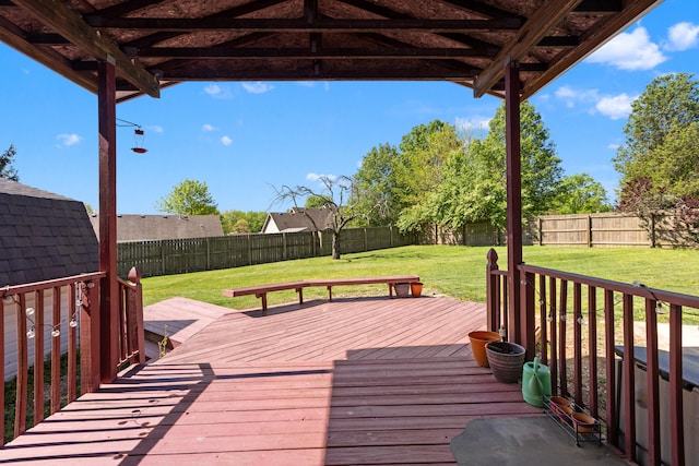 wooden deck featuring a fenced backyard and a yard